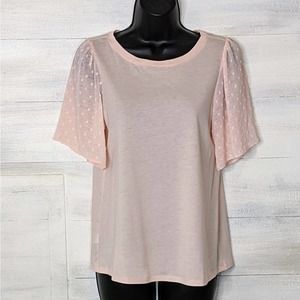 Loft Pink Knit Stretch Pullover with Flouncy Polka Dot Sheer Sleeves Size XS